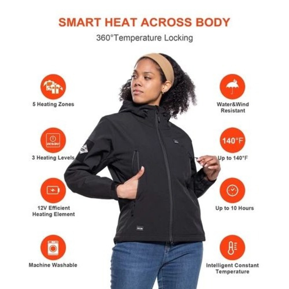 Dewbu Heated Jacket Women Black Softshell Fleece 12V 5 Heating Zones‎ Small